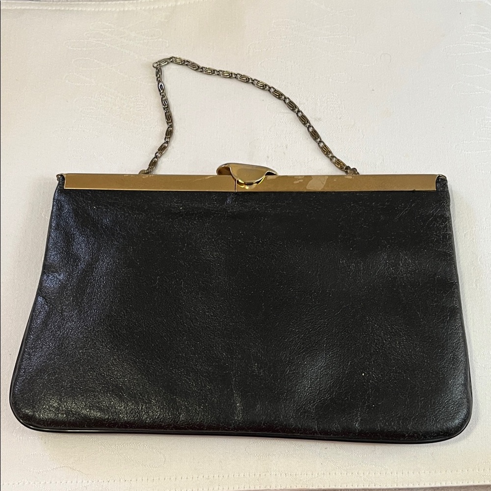 Elegant Black Leather Clutch with Gold Trim